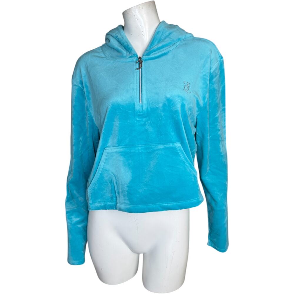 Juicy Couture Blue Crush Large Velour Hoodie Cropped Long Sleeve‎ Pockets NWT